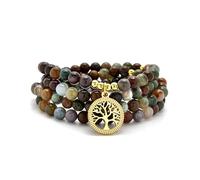 oasymala Accessoires de méditation, 108 perles Mala, breloque arbre de vie en or, bracelet ou collier de perles de yoga pour homme ou femme (Agate indienne (Indian Agate))