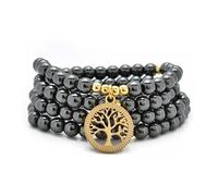 oasymala Accessoires de méditation, 108 perles Mala, breloque arbre de vie en or, bracelet ou collier de perles de yoga pour homme ou femme (Hématite (Hematite))