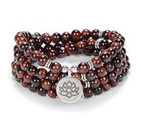 oasymala Bracelet de collier de 108 perles de prière chantant pour la méditation avec un petit charme de fleur de lotus (Oeil de tigre rouge (Red Tiger Eye))