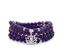 oasymala Collier Mala polyvalent de 108 perles de pierre avec breloque de yoga, à porter comme bracelet (Améthyste (Amethyst))