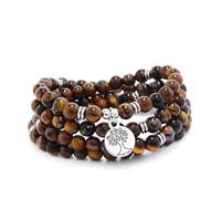 oasymala Perles Mala en pierre faites à la main, 108, avec breloque arbre de vie, à porter comme collier ou bracelet (Oeil de tigre marron (Brown Tiger Eye))