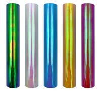 OATIPHO Film Vinyle Adhésif Permanent 5 Pièces 30X25 CM Couleurs Holographiques Rouge Rose Vert Bleu Jaune pour Transfert Textile Loisirs Créatifs et Décoration Personnalisée