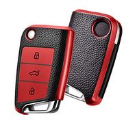 OATSBASF Coque Clé Compatible for VW Golf 7 Skoda TPU Silicone 3-Boutons (Rouge-Cuir)