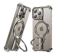 OATSBASF Coque sans cadre pour iPhone 15 Pro, avec anneau de support magnétique invisible, lunette moins minimaliste, protection contre les chocs, coque fine en métal améliorée de 6,1 po, Titan Natur