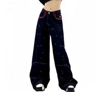 OATTIS Pocket Print Design Dark Casual Jeans Femmes,Automne Haute Taille Loose Fit amincissement Jambe Droite Pantalon Large Jambe,Color1,S