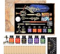 Oauir Gusix Quill Pen Lot d'encre avec stylo plume en bois, 6 bouteilles d'encre, 16 feuilles de papier à lettres, 2 enveloppes, 17 plumes, porte-stylo, 2 bouteilles de cire laquée au feu, tampon,