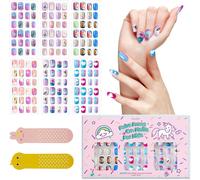 Oayew-144pcs 6 Pack Ongles Autocollants Enfants, Faux Ongles Acryliques Pré-Collés, Couverture Complète Paillettes Dégradé, C?ur Chat Arc-En-Ciel, Courts, Kits Art Ongles Faux, Cadeaux Saint-Valentin