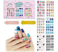 Oayew-144pcs Ongles Autocollants Pour Enfants, Faux Ongles Acryliques Pré-Collés, Couverture Complète Avec Paillettes, C?ur Chat, Courts, Kits D'art D'ongles Faux, Cadeaux Saint-Valentin Pour Filles
