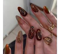 Oayew-24 Pièces Amande Faux Ongles Moyen 3d Faits Main Press On Nails Avec Motif Ailes De Papillon Brillant Français Acrylique Ongles À Coller Couverture Complète Ongles Artificiels Pour Femme Et Fil