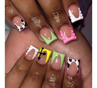 Oayew-24 Pièces French Tips Colorées Ongles Press-Ons Extra Courts Carrés Faux Ongles Avec Motif Imprimé Vache Brillant Réutilisables Pour Femmes