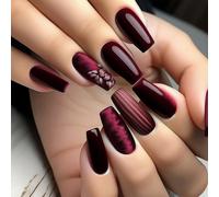 Oayew-24 Pièces Ongles Foncé Rouge Impression Moyenne Carrée Fleurs Printemps Faux Ongles Forme Sifflet Designs Bandes Embouts Ongles Brillants
