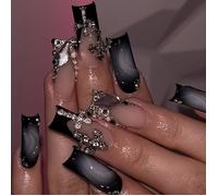 Oayew-24 Pièces Ongles Pressés, Longs, Carrés, Noirs, Ongles Artistiques Ombrés Avec Croix Décorative, Brillant, Couverture Complète, Faux Ongles Noirs