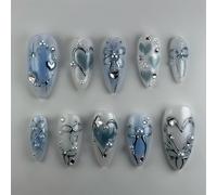 Oayew-24 Pièces Stickers À Ongles N?ud Bleu Taille Moyenne Amande Avec Strass En Forme De C?ur Argenté Dégradé Bleu