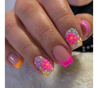 Oayew-24pcs Faux Ongles Court Carré, Soft Gel Press On Nails Avec Fleur Designs, Acrylique Square Faux Ongles À Coller, Réutilisables Couverture Complète French Capsule Ongles Pour Femmes Et Filles