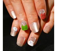 Oayew-30pcs Faux Ongles Court - Nude Oeil De Chat, Animaux, Étoiles Design Faux Ongles Pour Femmes 15 Tailles - Gel Doux Ongles Kit Avec Colle