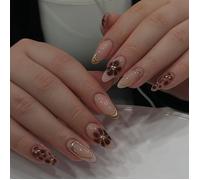 Oayew-Faux Ongles Court ,Amande Nude 3d Gold Striped French Marron Fleurs Floral Aura Automne Press On Nails Avec Colle À Ongles,Brown Flowers Acryl Autumn Fake Nails