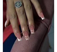 Oayew-Faux Ongles Longs Carrés Nude Blanc French Heart Valentine Avec Colle À Ongles, Blanc Naturel Pour L'amour, L'été Et Les Ongles Artificiels Doux