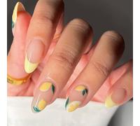 Oayew-Summer Press On Nail, Faux Ongles Citron Moyen, Alomnd Jaune Pleine Couverture Faux Ongles Autocollant Sur Ongles Amovible Nail Tips French Tip Stick On Nails Pour Femmes Et Filles