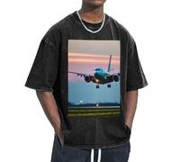 OAZCVBNN T-shirt surdimensionné imprimé avion dans les lumières du soir coupe classique à manches courtes pour se détendre à la maison, les voyages, la salle de sport, Noir , M