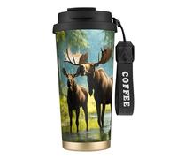 OAZCVBNN Tasse à café en acier inoxydable avec imprimé cerf ours élan pour l'école, le camping, le pique-nique