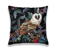 Obal Housse de coussin carrée décorative en velours inspiré de William Morris - 45 x 45 cm - Pour canapé, salon, chambre à coucher (45 x 45 cm) - Motif chouette de forêt