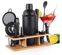 OBALY Kit Barman 11 pièces Cocktail Shaker-Muddler pour Cocktails 25oz Accessoires de Bar Shaker Boston avec Stand élégant en Bambou Mix Drink Shaker Kit Parfait Martini Kit avec livret de Recettes