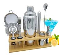 OBALY Kit Barman 11 pièces Cocktail Shaker-Muddler pour Cocktails 25oz Accessoires de Bar Shaker Boston avec Stand élégant en Bambou Mix Drink Shaker Kit Parfait Martini Kit avec livret de Recettes