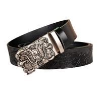OBASDFD Ceinture À Cliquet Décontractée En Cuir Gaufré For Homme, Boucle Automatique Motif Dragon Argenté Sculpté(Dragon-j,125cm/49)