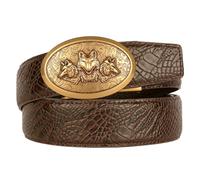 OBASDFD Ceinture À Cliquet En Cuir For Homme, Style Décontracté, Boucle Automatique Réglable, Gravure De 3 Têtes Loup, Coupe Ajustée(Brown,115cm/45)