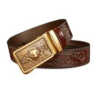 OBASDFD Ceinture À Cliquet En Cuir Gaufré Avec Boucle Coulissante Automatique Tête De Loup Dorée Imprimée 3D For Homme(Brown,120cm/waist:40"~42")