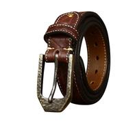 OBASDFD Ceinture cousue pour homme, cuir de vache pleine fleur en relief, sangle durable de 5 mm d'épaisseur avec boucle vieillie, café, marron, 125cm/waist:43"
