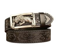 OBASDFD Ceinture En Cuir For Hommes Avec Boucle Tigre, À Cliquet Automatique De Vache Gaufré Vintage For Les Affaires Et Loisirs(Black tiger silver buckle,115cm)