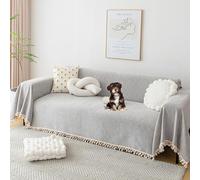 OBASDFD Housse De Canapé en Chenille avec Pompon, Antidérapante, Lavable Et Adaptée Aux Animaux Compagnie(Lgray,180 * 300cm/71 * 118in)