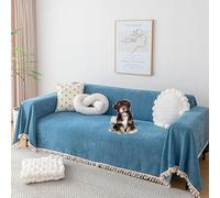 OBASDFD Housse De Canapé en Chenille avec Pompon, Antidérapante, Lavable Et Adaptée Aux Animaux Compagnie(Blue,180 * 420cm/71 * 165in)