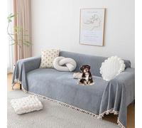 OBASDFD Housse De Canapé en Chenille avec Pompon, Antidérapante, Lavable Et Adaptée Aux Animaux Compagnie(Grey,180 * 300cm/71 * 118in)