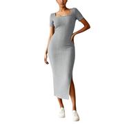 OBASDFD Knitted Dress Women' Casual Dresses for Spring and Summer, Elegant Square Neck, Plain Design, Versatile for Everyday Wear, Perfect for Fashionable Styling(Gray,XL)