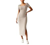 OBASDFD Knitted Dress Women' Casual Dresses for Spring and Summer, Elegant Square Neck, Plain Design, Versatile for Everyday Wear, Perfect for Fashionable Styling(Khaki,M)