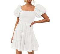 OBASDFD Robe Pull Femme Women' 2026 Boho Summer Square Neck Puff Sleeves Off Shoulder Smocked Tiers Casual Line Short Mini Dress(White,S)