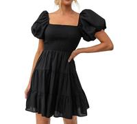 OBASDFD Robe Pull Femme Women' 2026 Boho Summer Square Neck Puff Sleeves Off Shoulder Smocked Tiers Casual Line Short Mini Dress(Black,S)