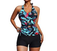 OBASDFD Stretch Chemise Printed Tops with Women Plus Size Swimming Suit Blue(Black,Medium)