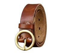 OBASDFD Unisex Fashion Leather Belt - 3cm Wide Skinny Waist Strap For Dresses, Jeans, Pants With Golden Round Buckle(Brown,110cm/43)