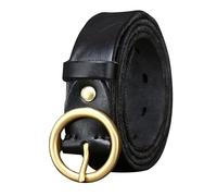 OBASDFD Unisex Fashion Leather Belt - 3cm Wide Skinny Waist Strap For Dresses, Jeans, Pants With Golden Round Buckle(Black,125cm/49)