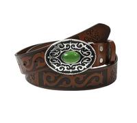 OBASDFD Vintage Western Cow Leather Embossed Belt Strap Delicate Bezel Set Oval Cabochon Green Gemstone Buckle For Women(Brown,120cm/47)