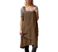 OBASDFD Women' Linen Apron Dress with Square Ideal for Gardening(Khaki,L)