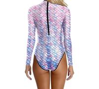 OBASDFD Women's Long Sleeve Swimsuit Scales Pattern High Collar Bathing Suit Beach Swimming, Light Purple, XL(Pink,L)