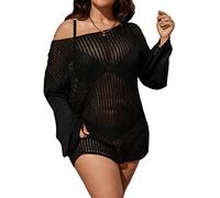 OBASDFD Women's Plus Size Hollow Out Long Sleeve Sheer Mesh Cover Up Dress Boat Neck Swimwear Beige 1XL(Black,3X-Large Plus)