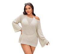 OBASDFD Women's Plus Size Hollow Out Long Sleeve Sheer Mesh Cover Up Dress Boat Neck Swimwear Black 4XL(Beige,3X-Large Plus)