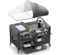 Obee Odee Couffin 4 en 1 pour bébé, pack and play, lit de chevet, changeur de couches - Livré avec matelas, moustiquaire, rangement inférieur et barre de jouets pour nouveau-né et tout-petits