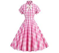 OBEEII Années 1950 Femmes Rose Robe à Carreaux Vintage Manches Courtes Robe de Cocktail Soirée Chic et Elegante Rose Plaid M