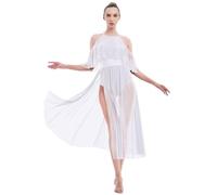 OBEEII Femme Robe de Danse Classique Asymétrique Robe de Ballet Latine Jazz Tulle Justaucorps Danse Moderne Contemporain Dentelle Robe sans Manche Manches Longues Blanc S